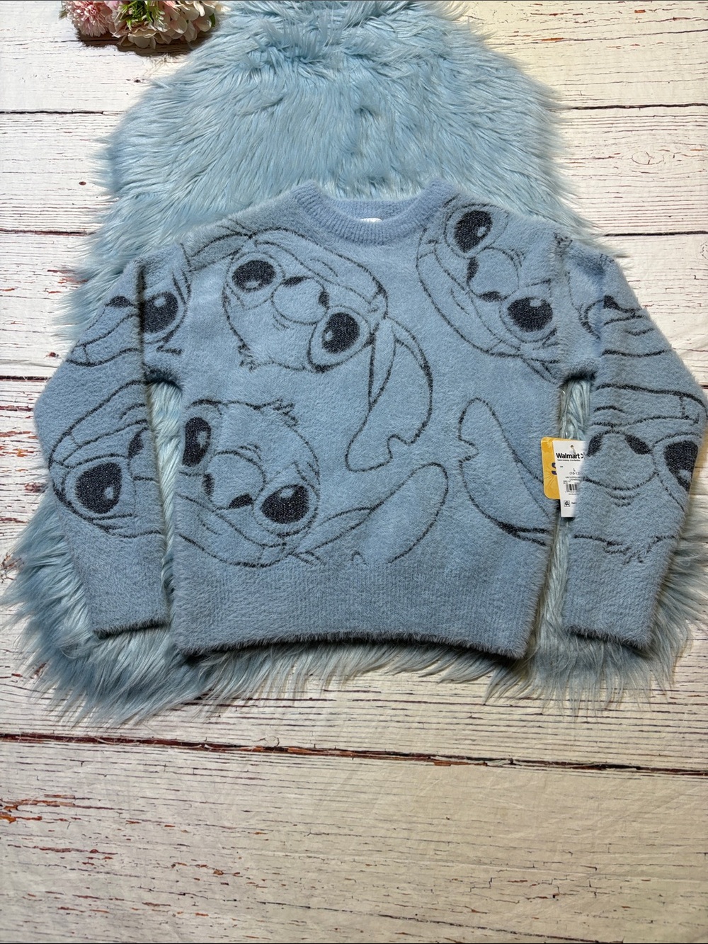 NWT Disney Stitch Blue Fuzzy Stitch Face Crewneck Sweater sz L